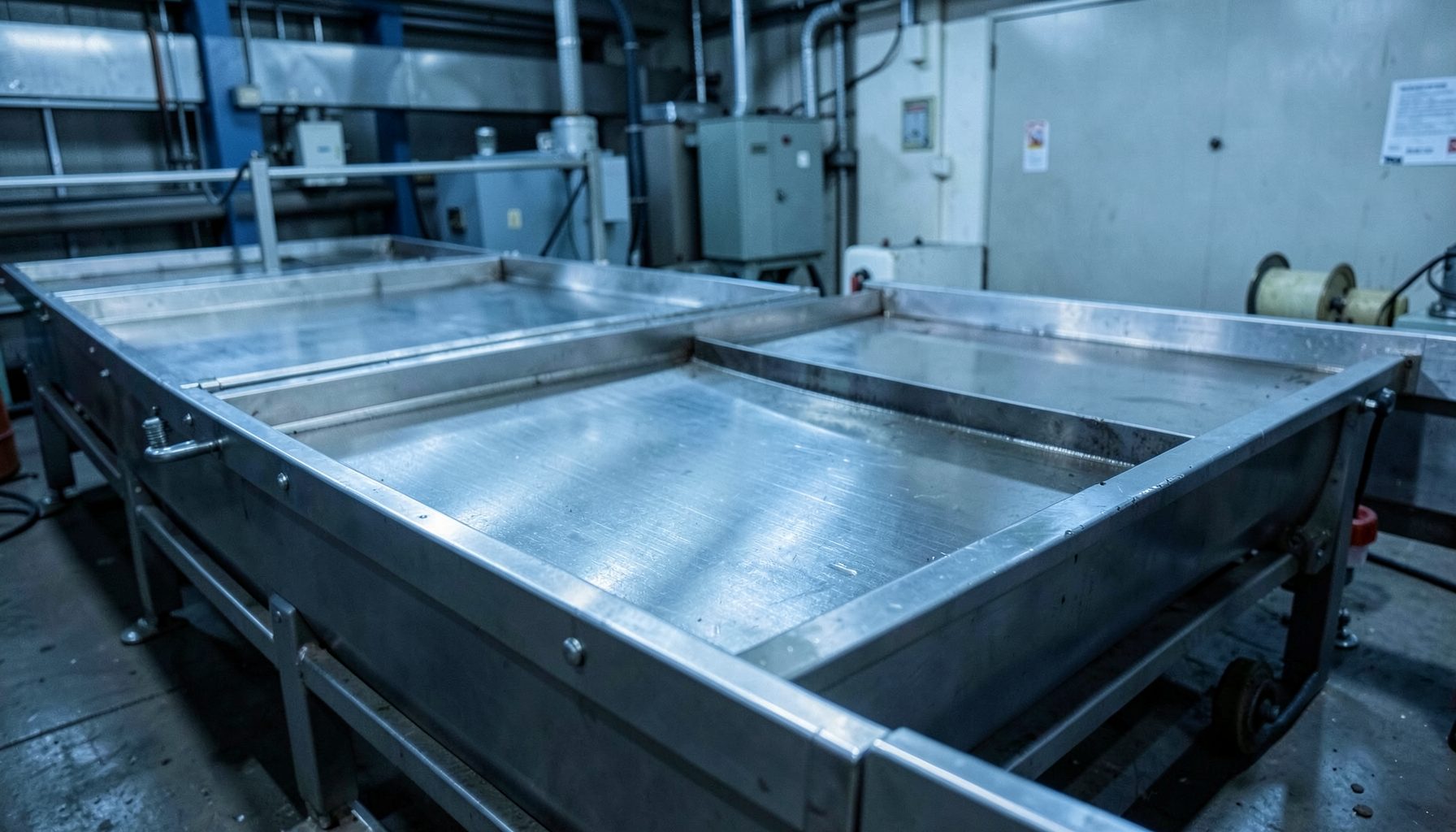 Gravity separation shaking tables with metallic surfaces under cool industrial lighting