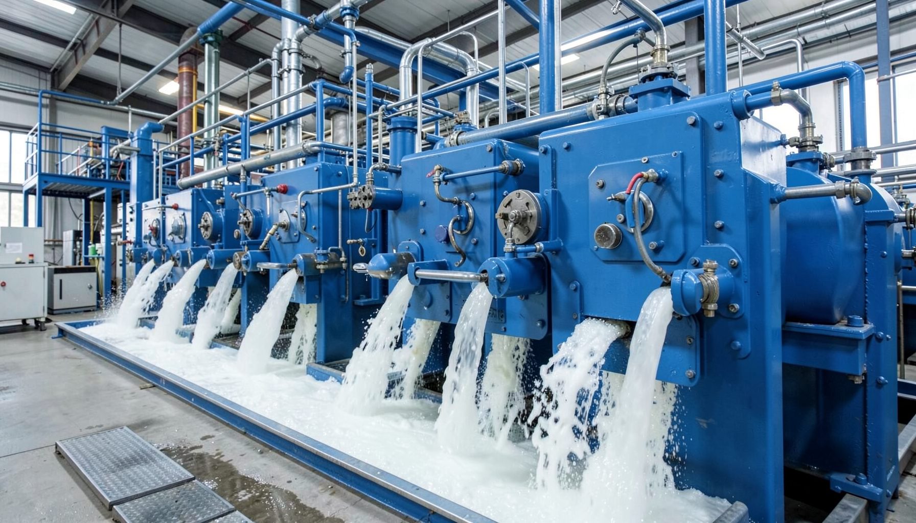 Row of flotation cells with froth overflow in a mineral processing facility, steel blue and white industrial tones