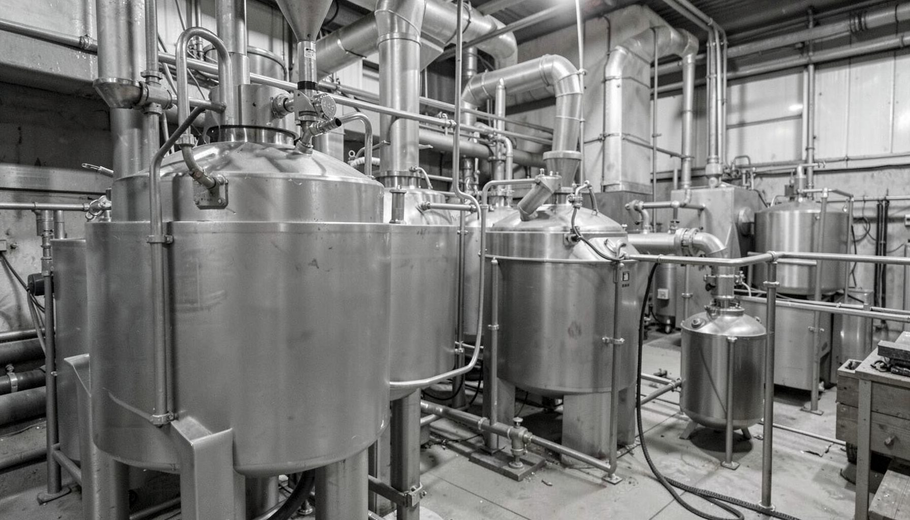 Industrial agitation tanks with impellers in a mineral processing plant, metallic grey tones
