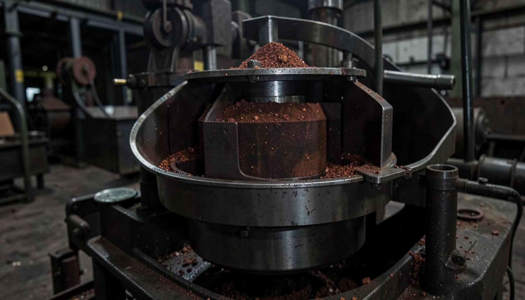 Magnetic drum separator in an industrial setting, dark metallic tones with red-brown ore
