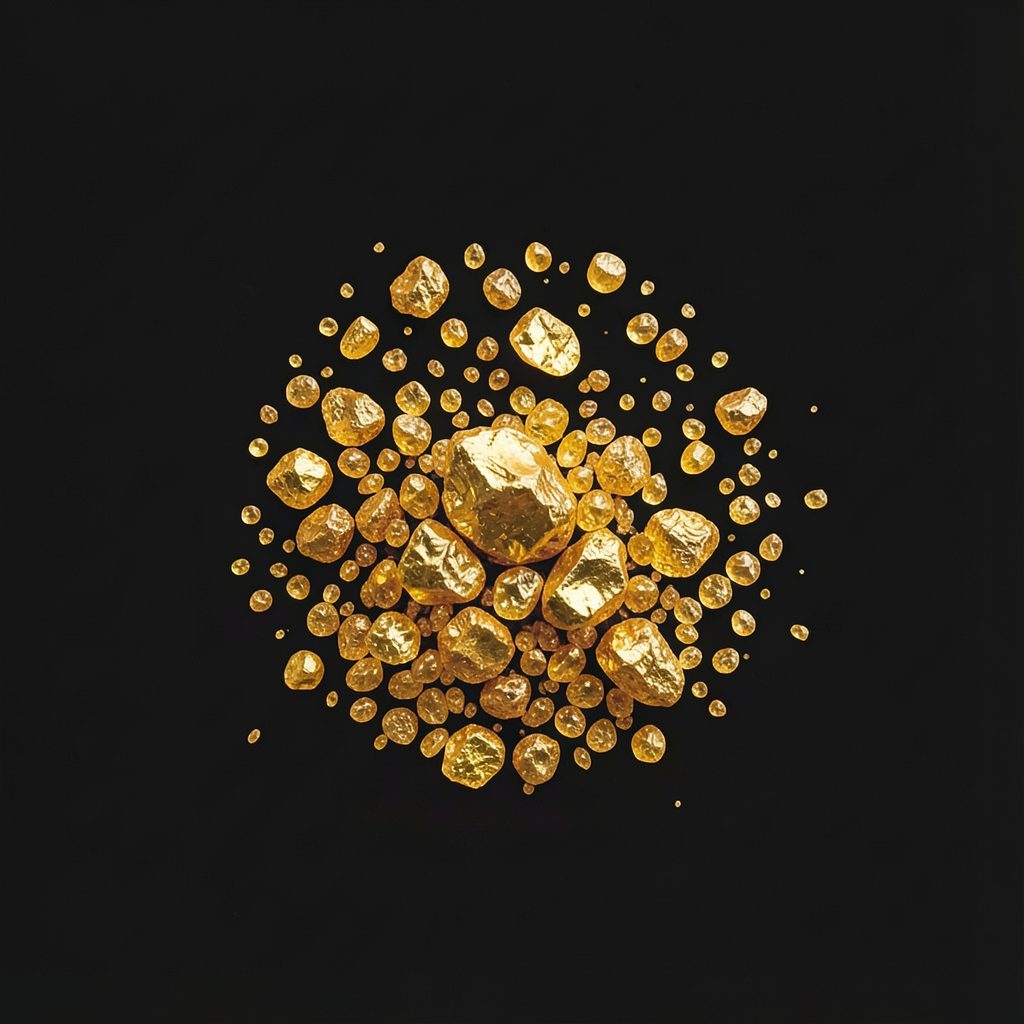 Abstract icon representing carbon-in-pulp gold processing with golden ore particles against a dark background