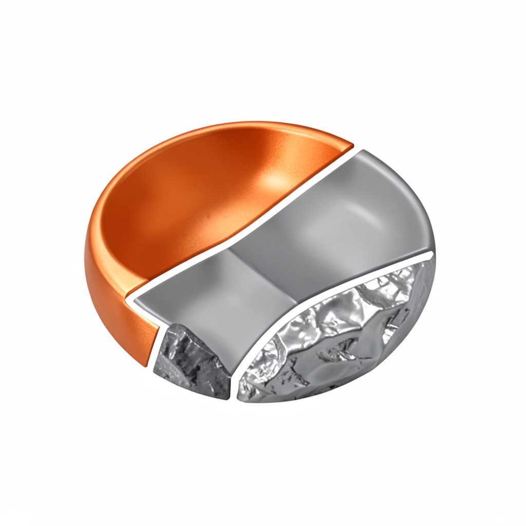 Abstract icon showing copper, lead, and zinc mineral separation with metallic copper-orange, gray, and silver tones