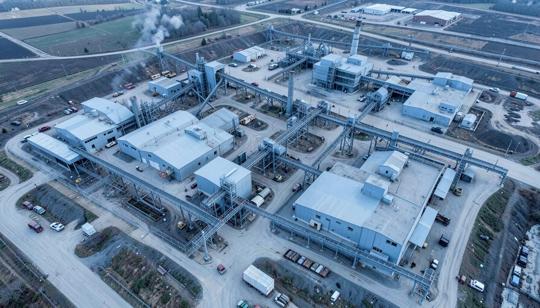Aerial view of a complete mineral processing plant complex with multiple buildings and conveyor systems in industrial blue tones