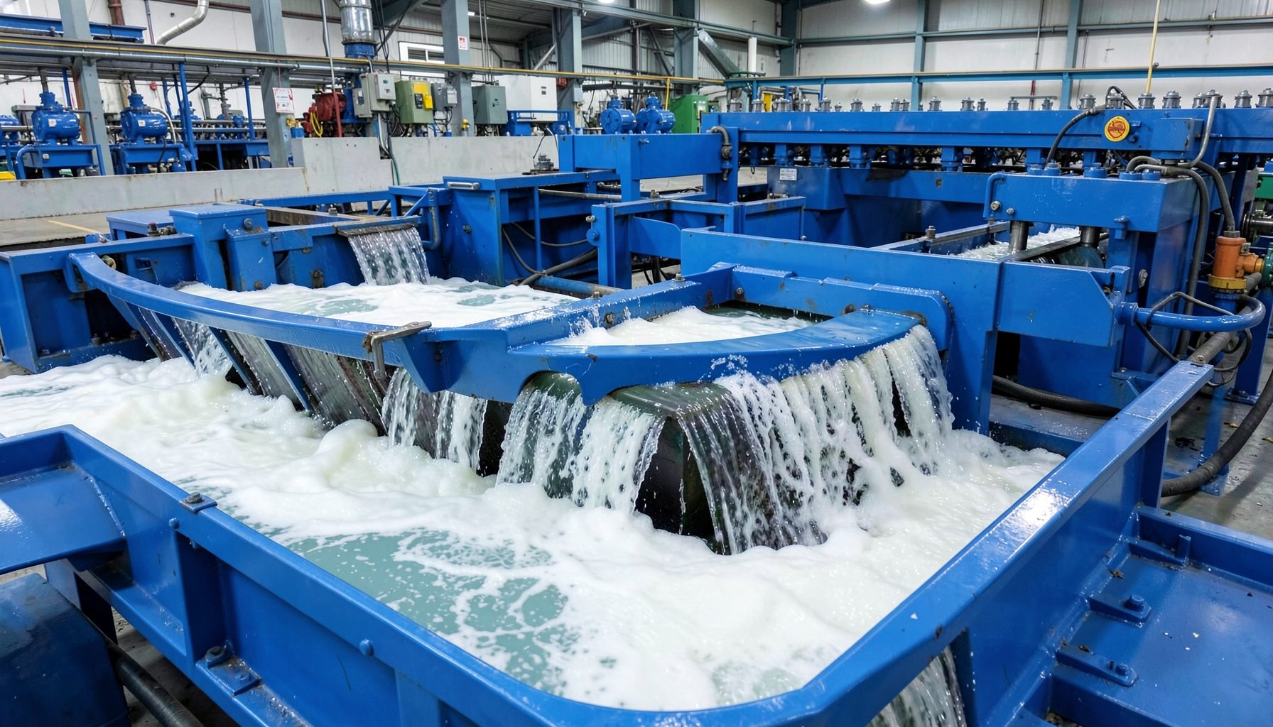 Flotation circuit with rows of cells and froth overflow in steel blue and white industrial tones