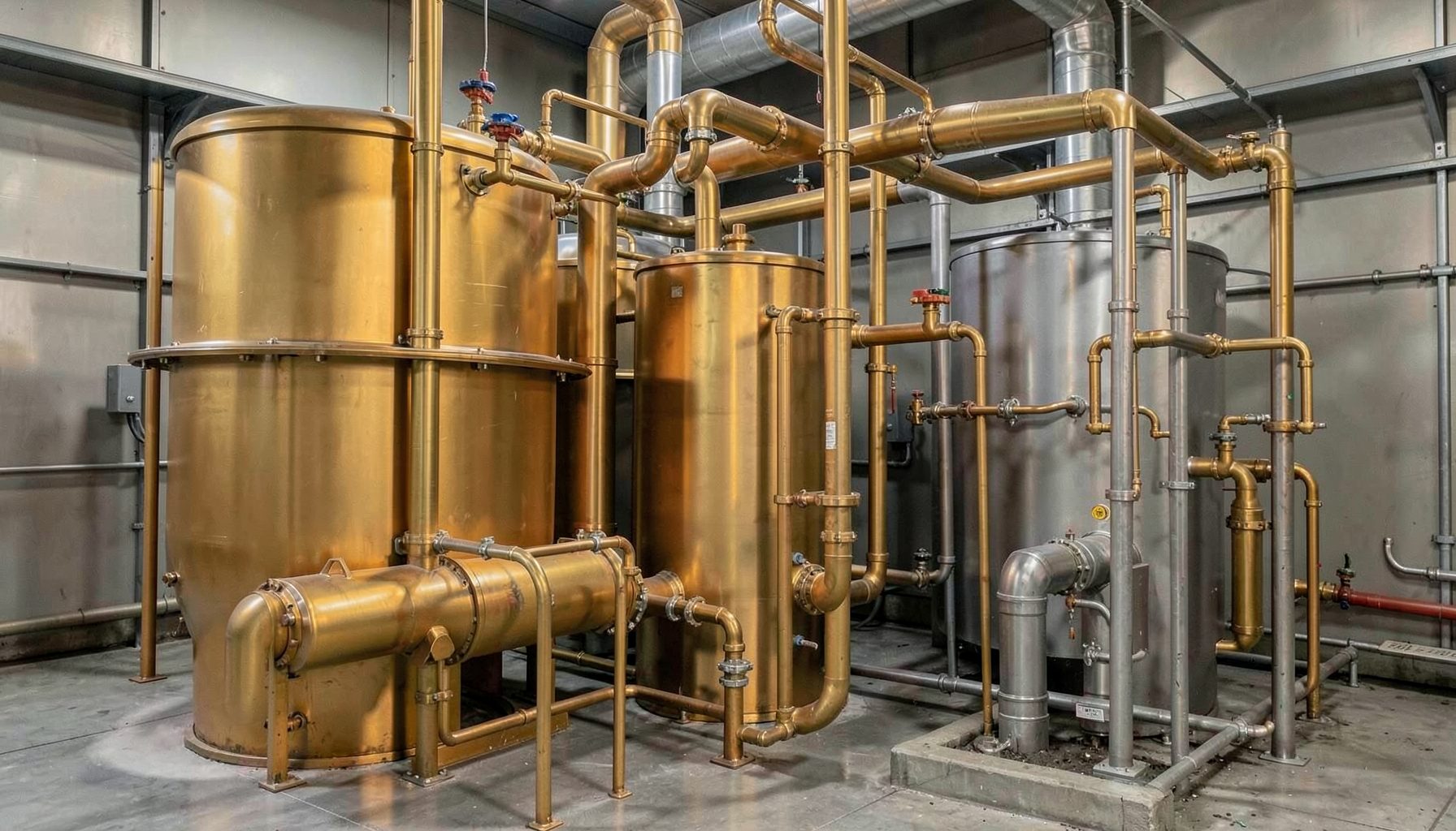 Gold extraction processing tanks and piping system in warm amber and steel grey industrial tones