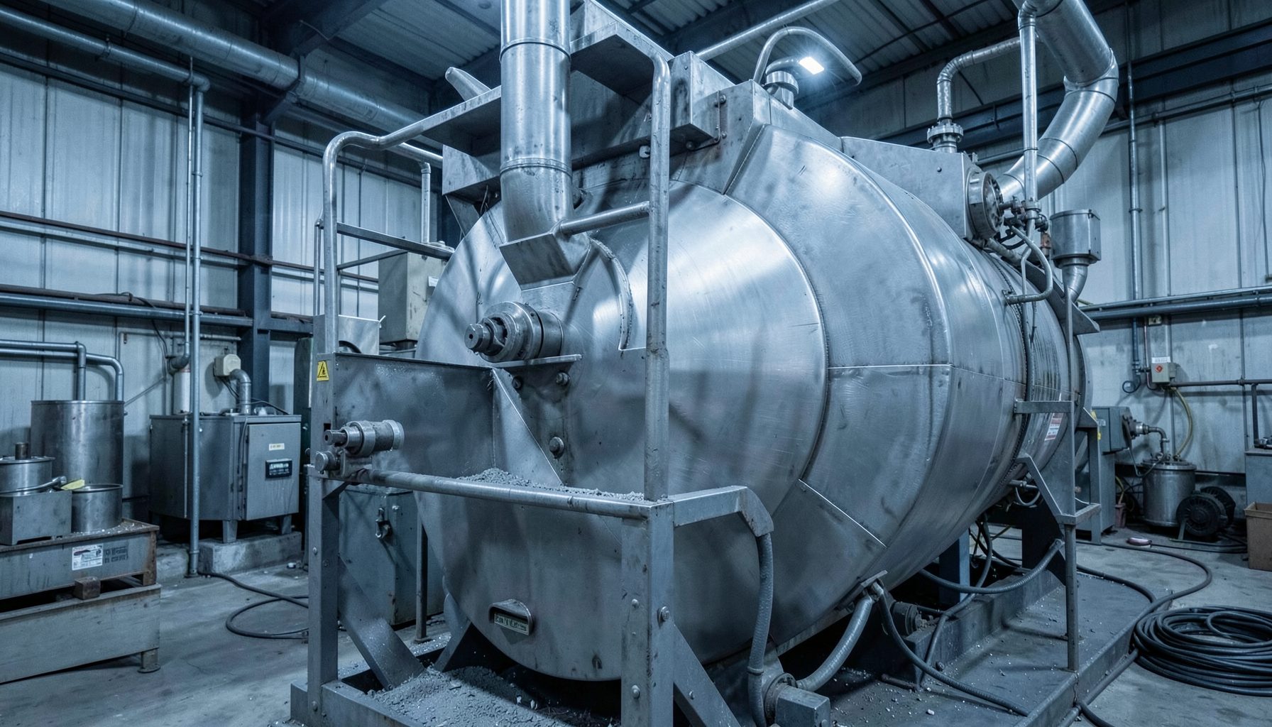 Industrial grinding mill with a large steel drum in a processing plant, cool metallic grey and blue tones