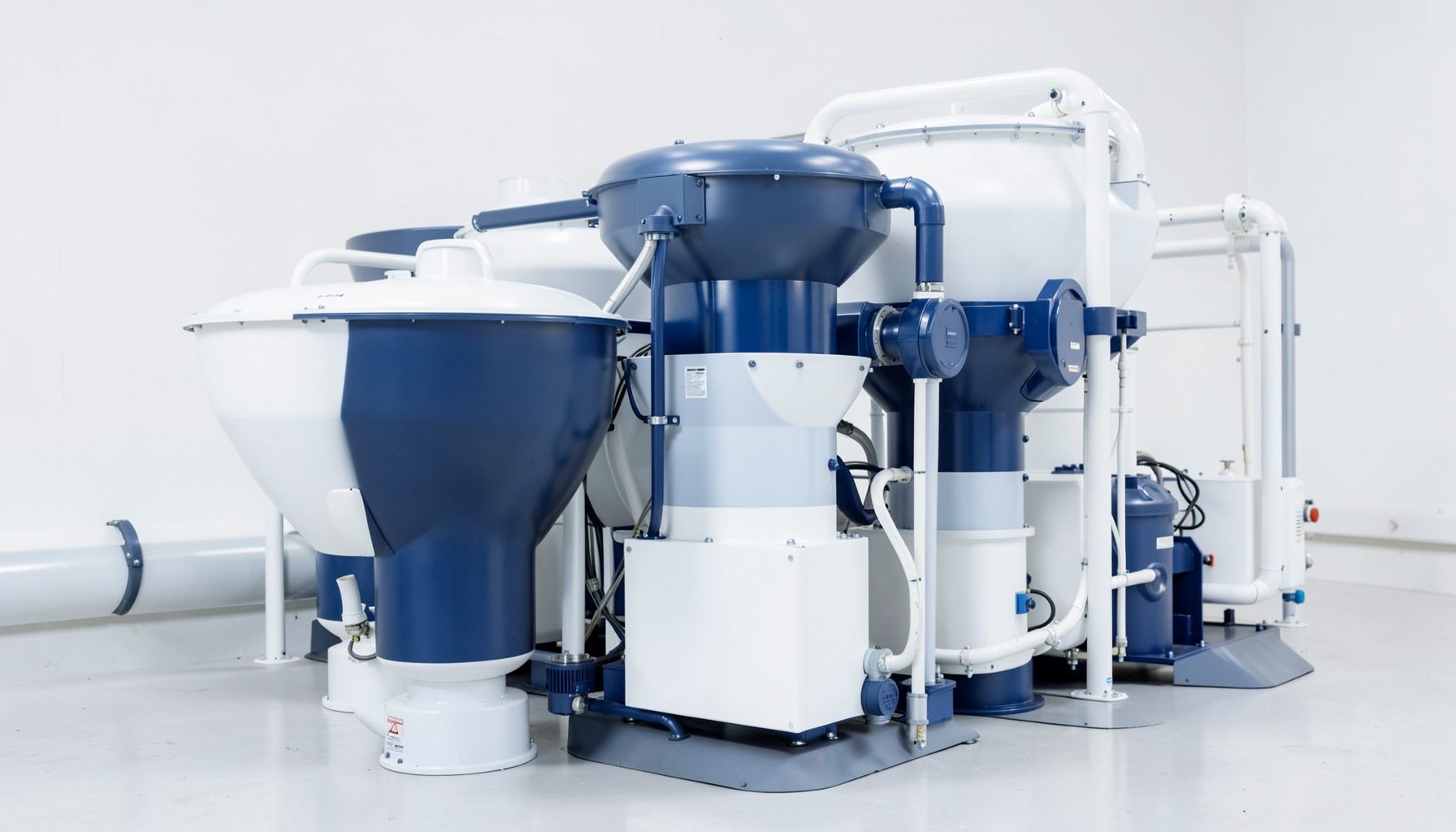Industrial hydrocyclone cluster with multiple cones and piping in clean white and navy blue color scheme