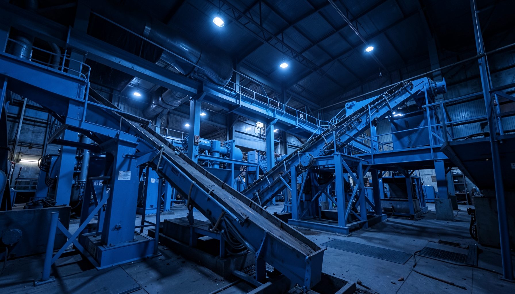 Large industrial mining processing plant interior with steel blue machinery and conveyor systems under cool overhead light