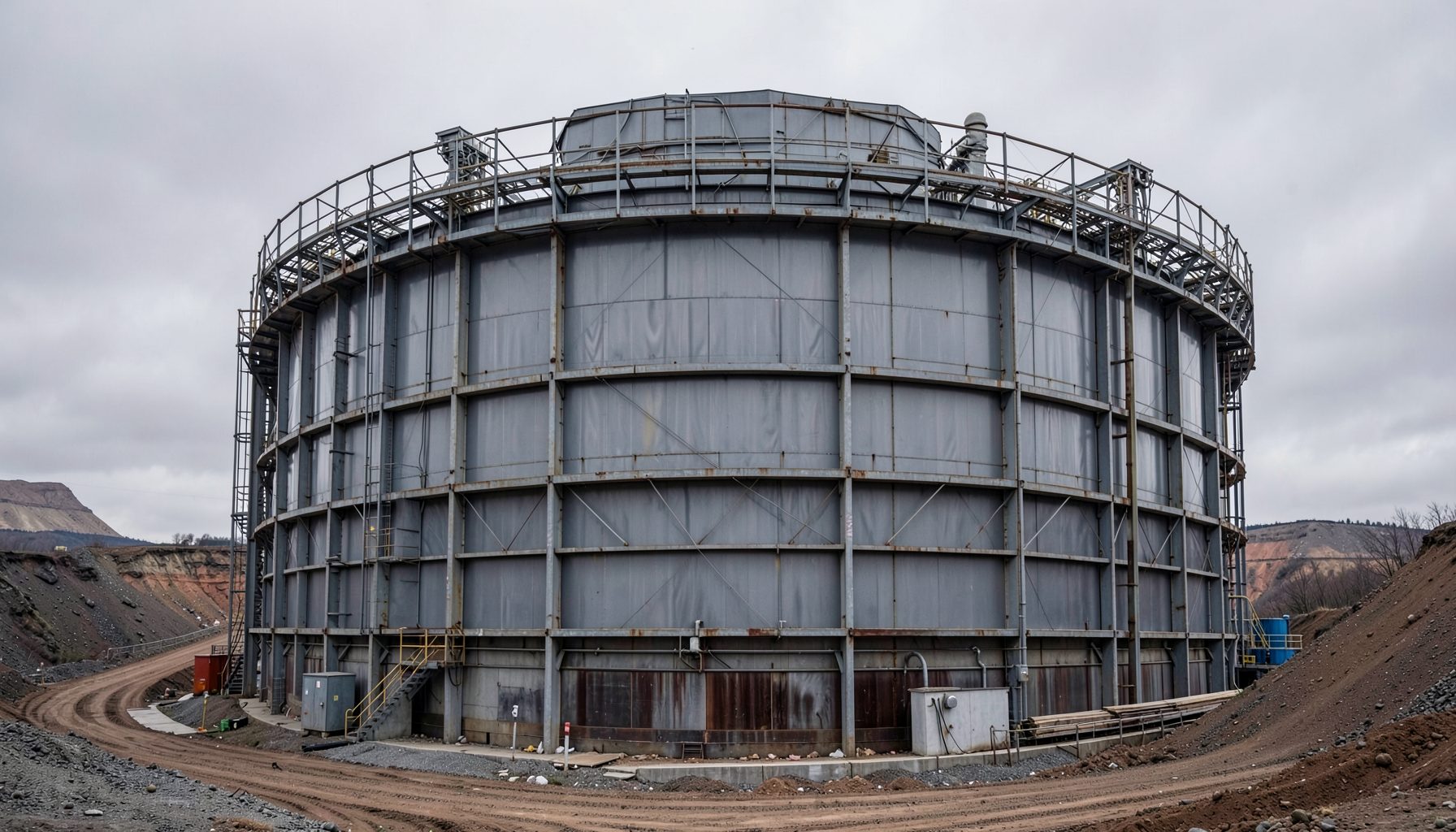 Large industrial thickener tank in a mining plant, circular steel structure under an overcast sky