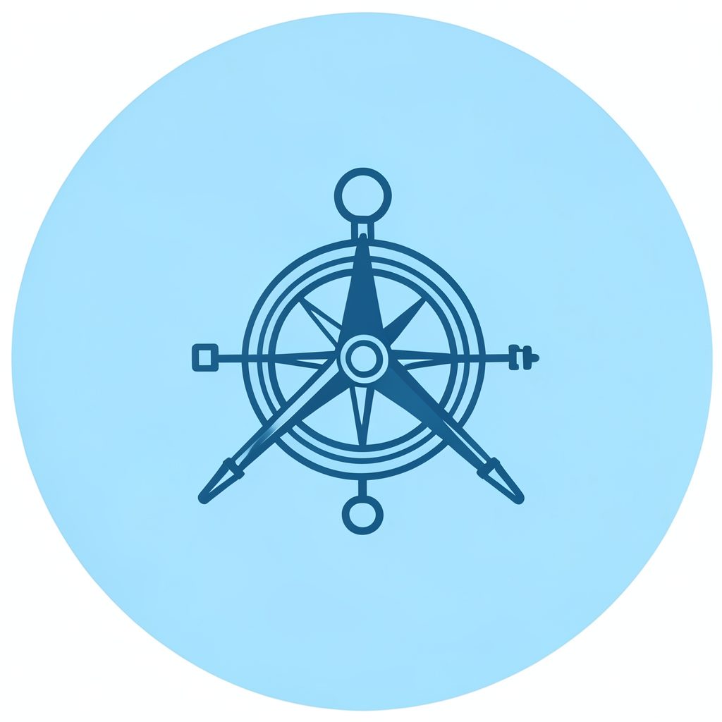 Simple flat icon of a blueprint compass on a light blue circle
