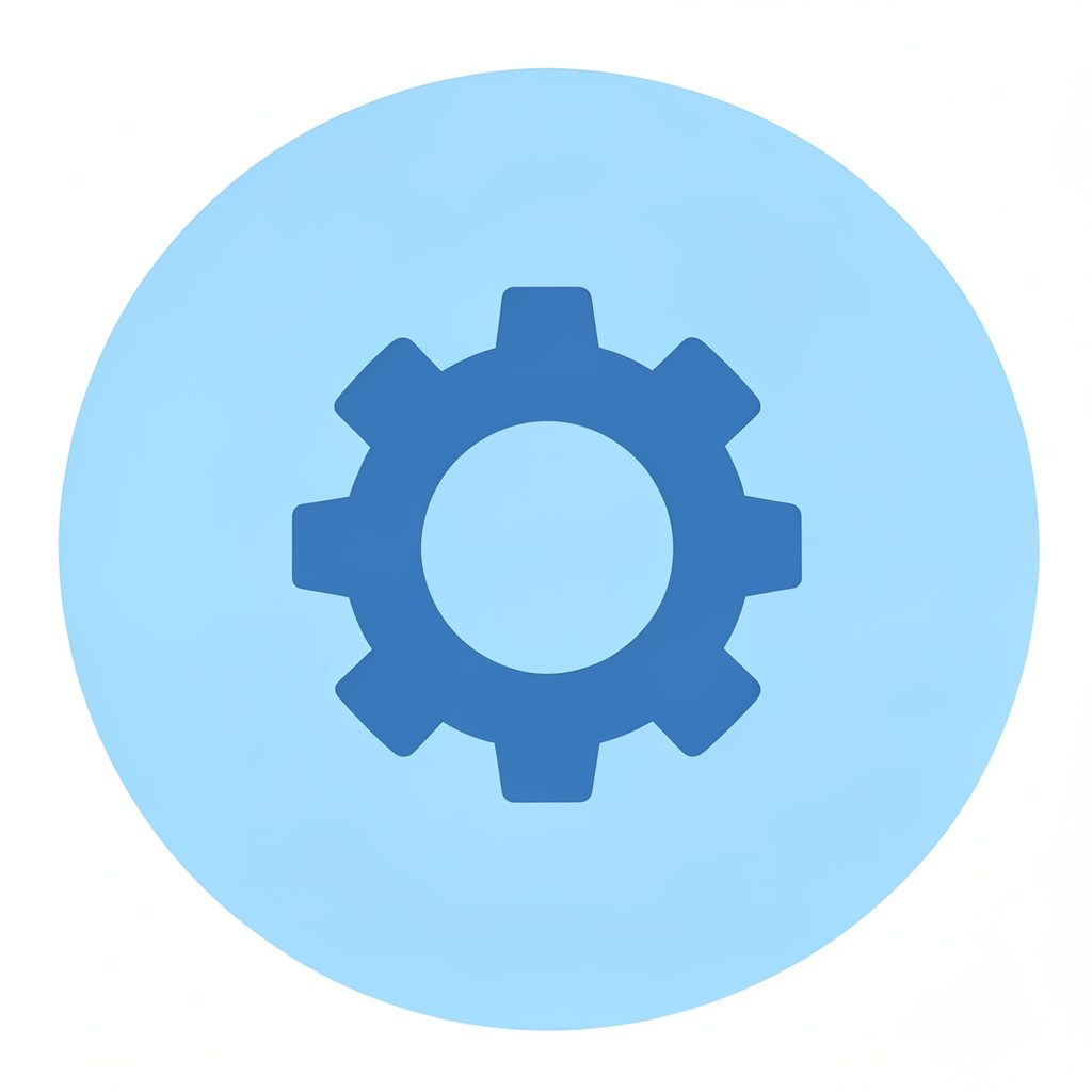 Simple flat icon of a gear wheel on a light blue circle