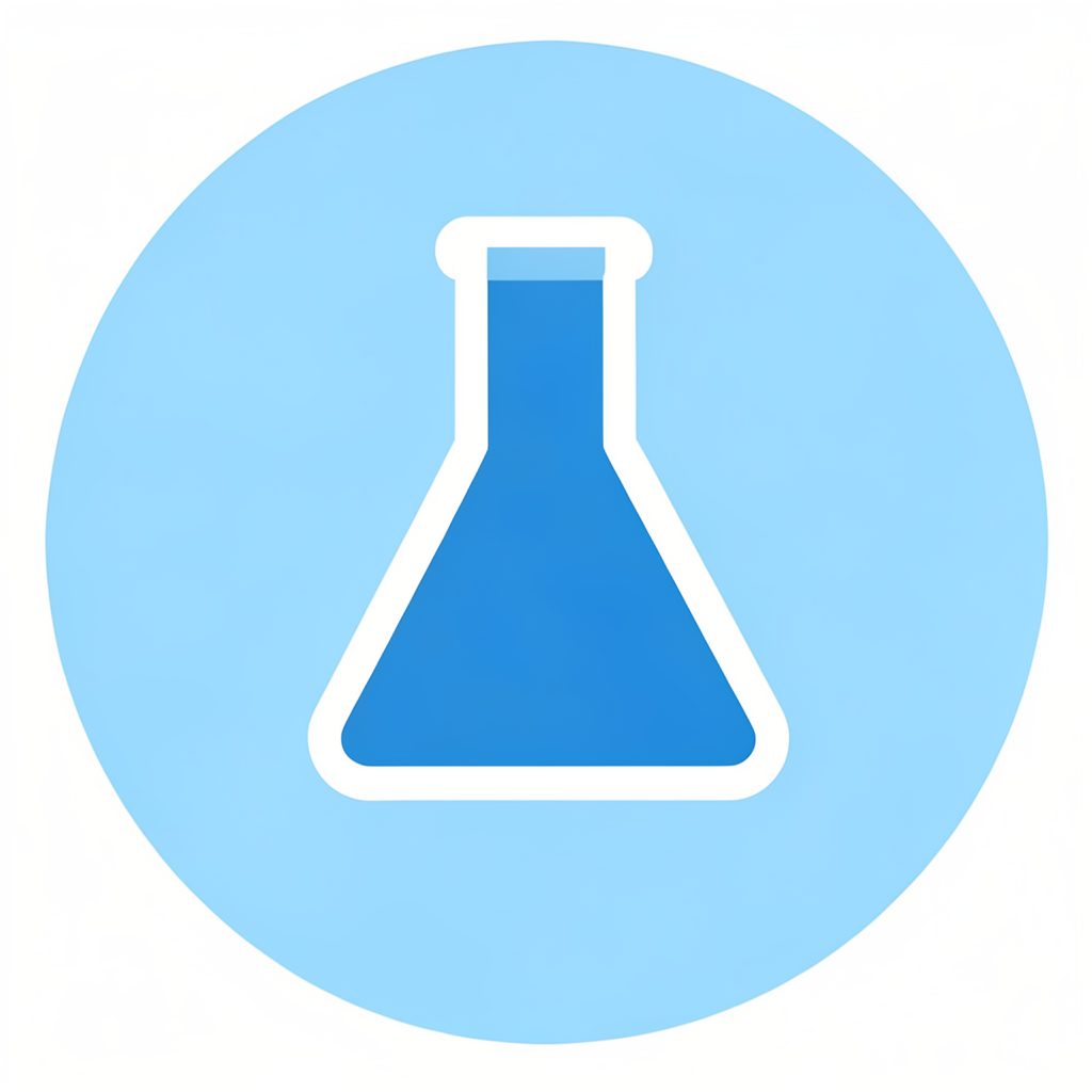 Simple flat icon of a laboratory flask on a light blue circle