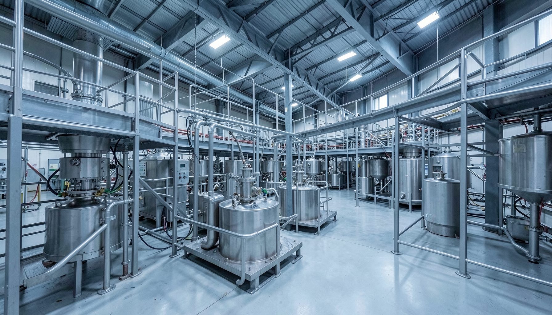 Wide angle view of a modern mineral processing facility interior with flotation cells and steel catwalks under cool blue-grey light