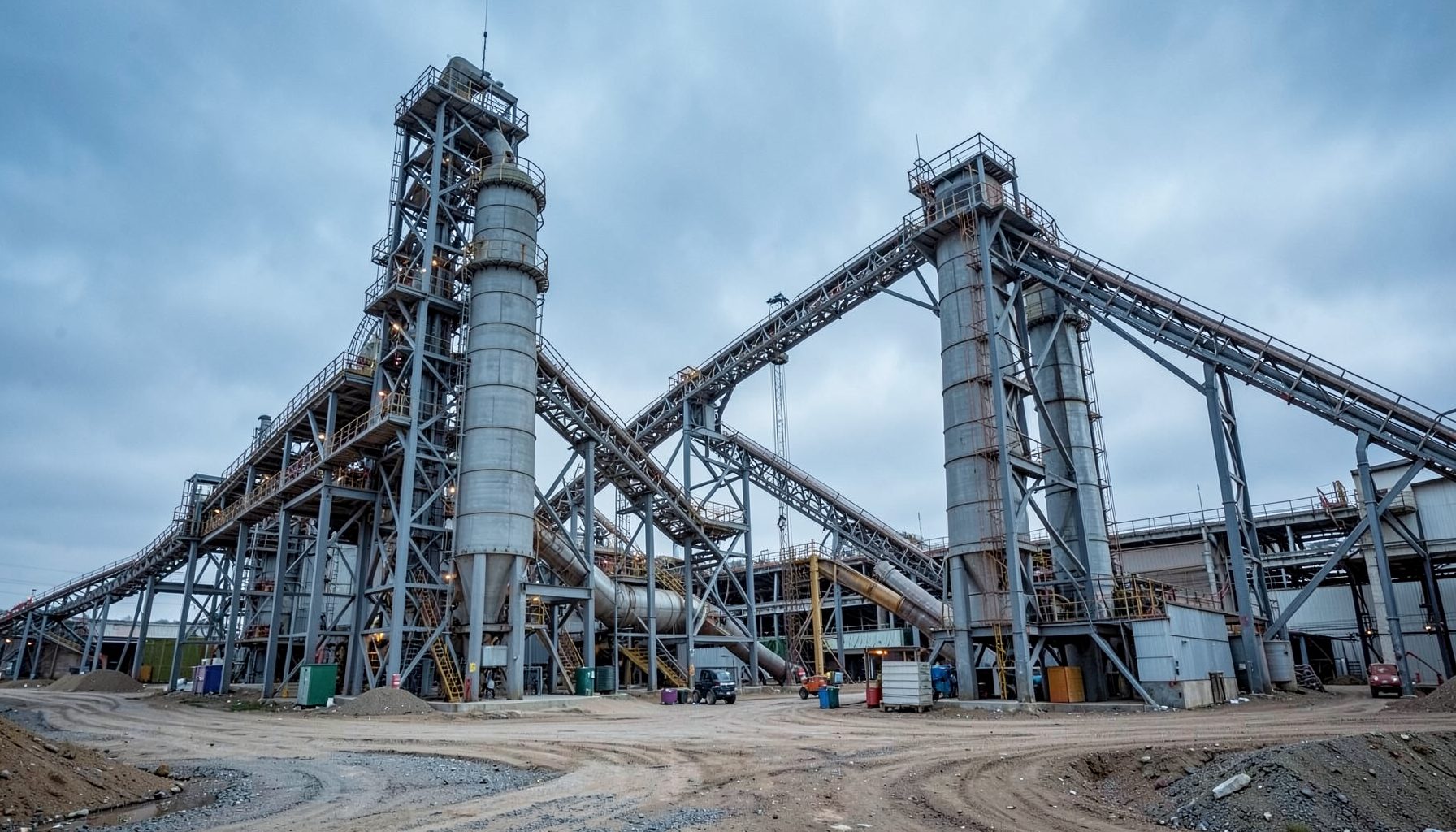 Wide industrial mineral processing yard with tall steel grinding mills and conveyor structures under an overcast grey-blue sky